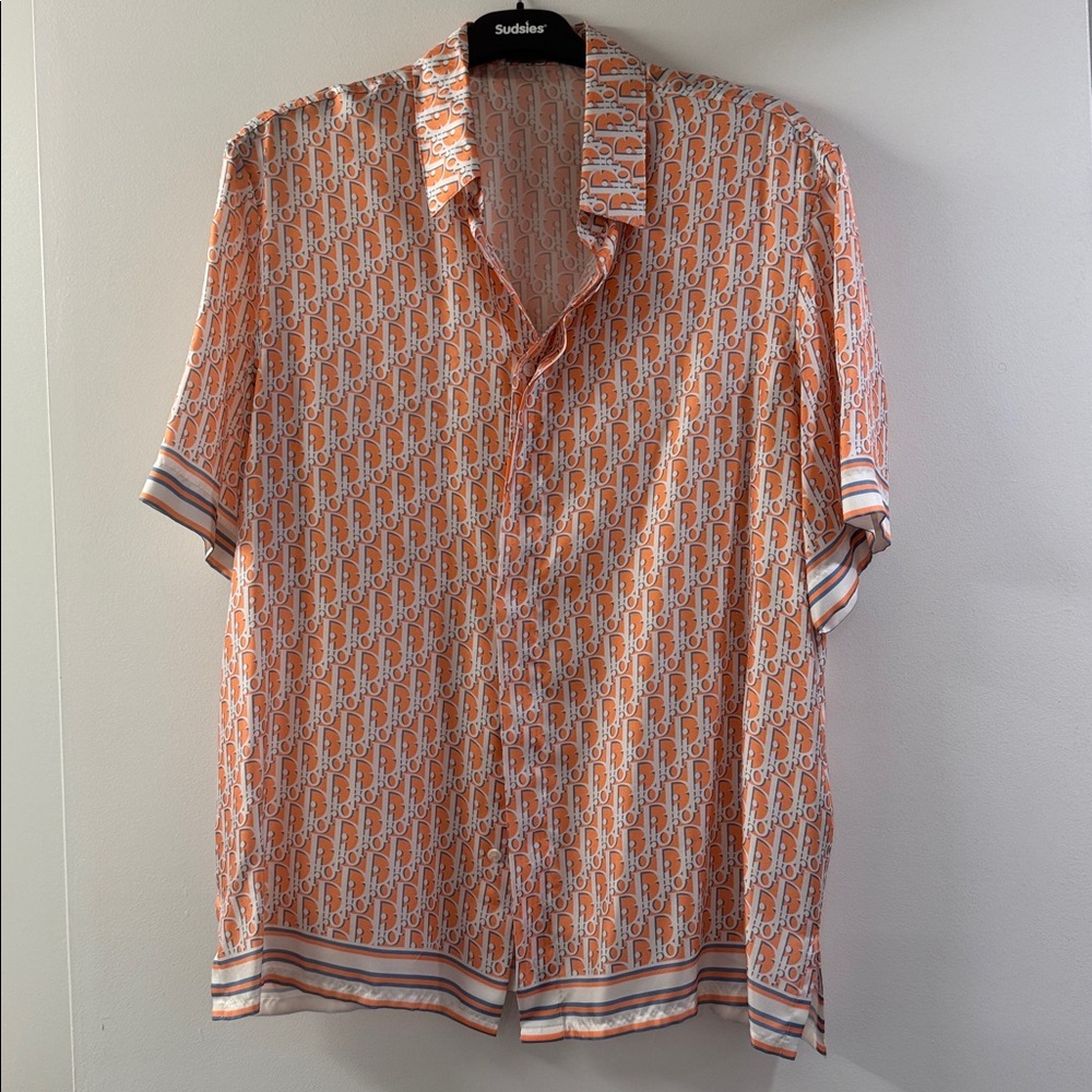 Dior Orange White Monogram Short Sleeve Button-Down Shirt
